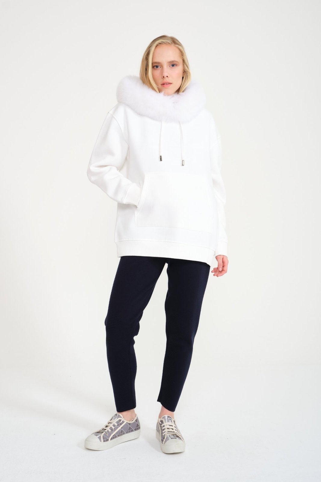 Luxe Cotton Hoodie with Fox Fur Hood - ADAMO