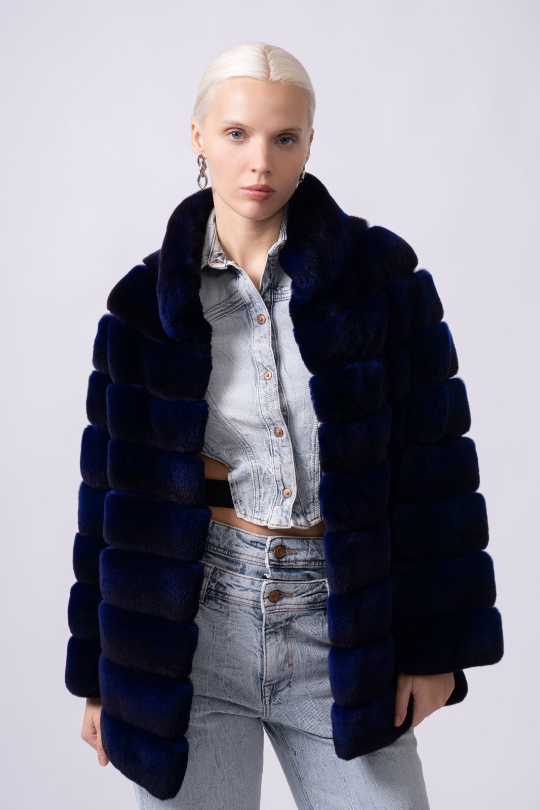 Midnight Sapphire Rex Chinchilla Fur Jacket - ADAMO