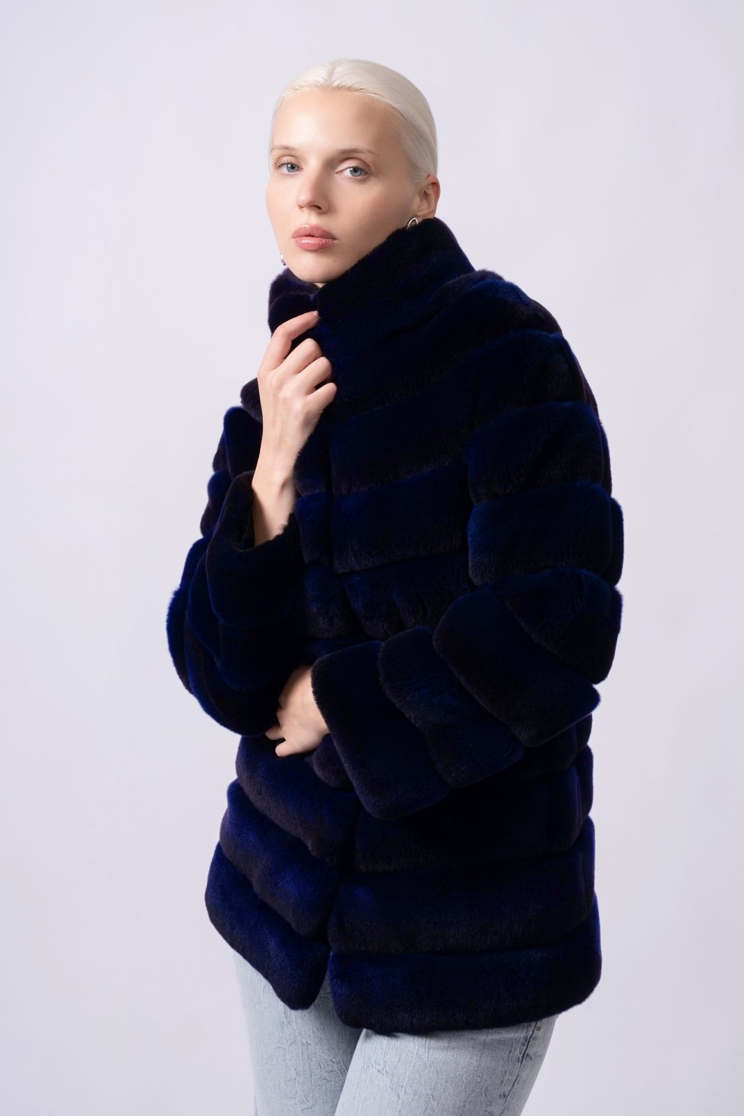 Midnight Sapphire Rex Chinchilla Fur Jacket - ADAMO