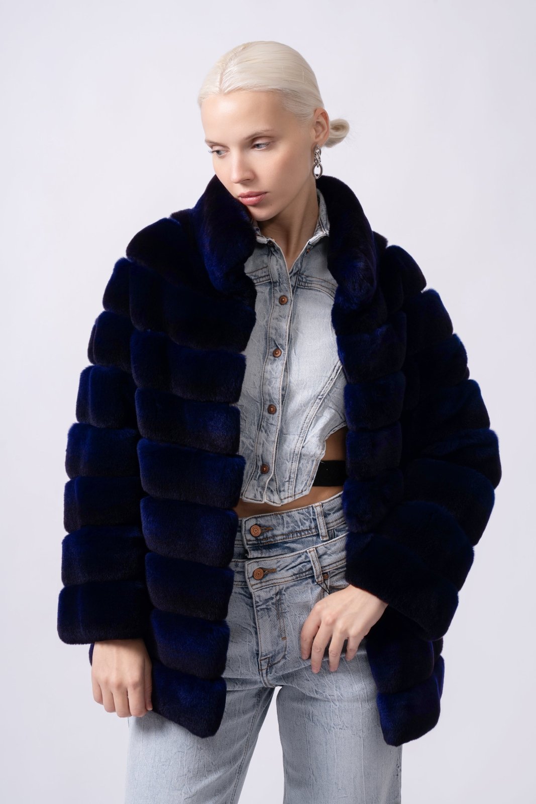 Midnight Sapphire Rex Chinchilla Fur Jacket - ADAMO
