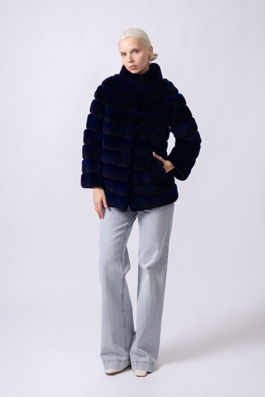 Midnight Sapphire Rex Chinchilla Fur Jacket - ADAMO