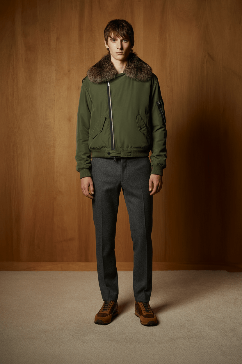 Military Green Technical Bomber with Fox Fur Collar - ADAMO