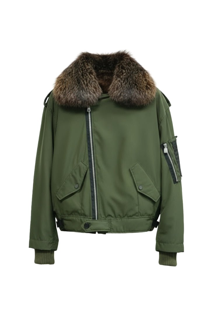 Military Green Technical Bomber with Fox Fur Collar - ADAMO