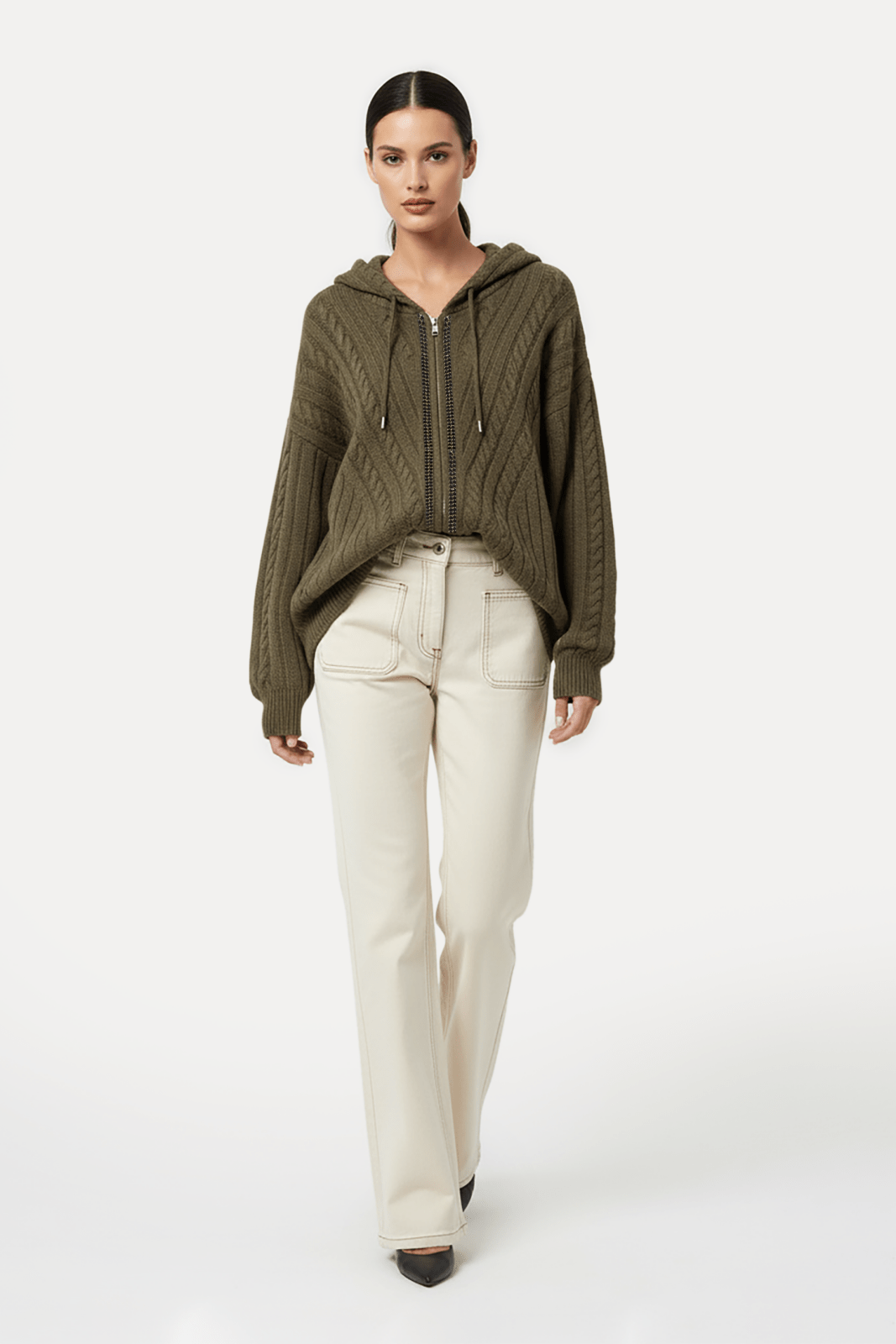 Milk Brown Cable - Knit Wool Hoodie - ADAMO