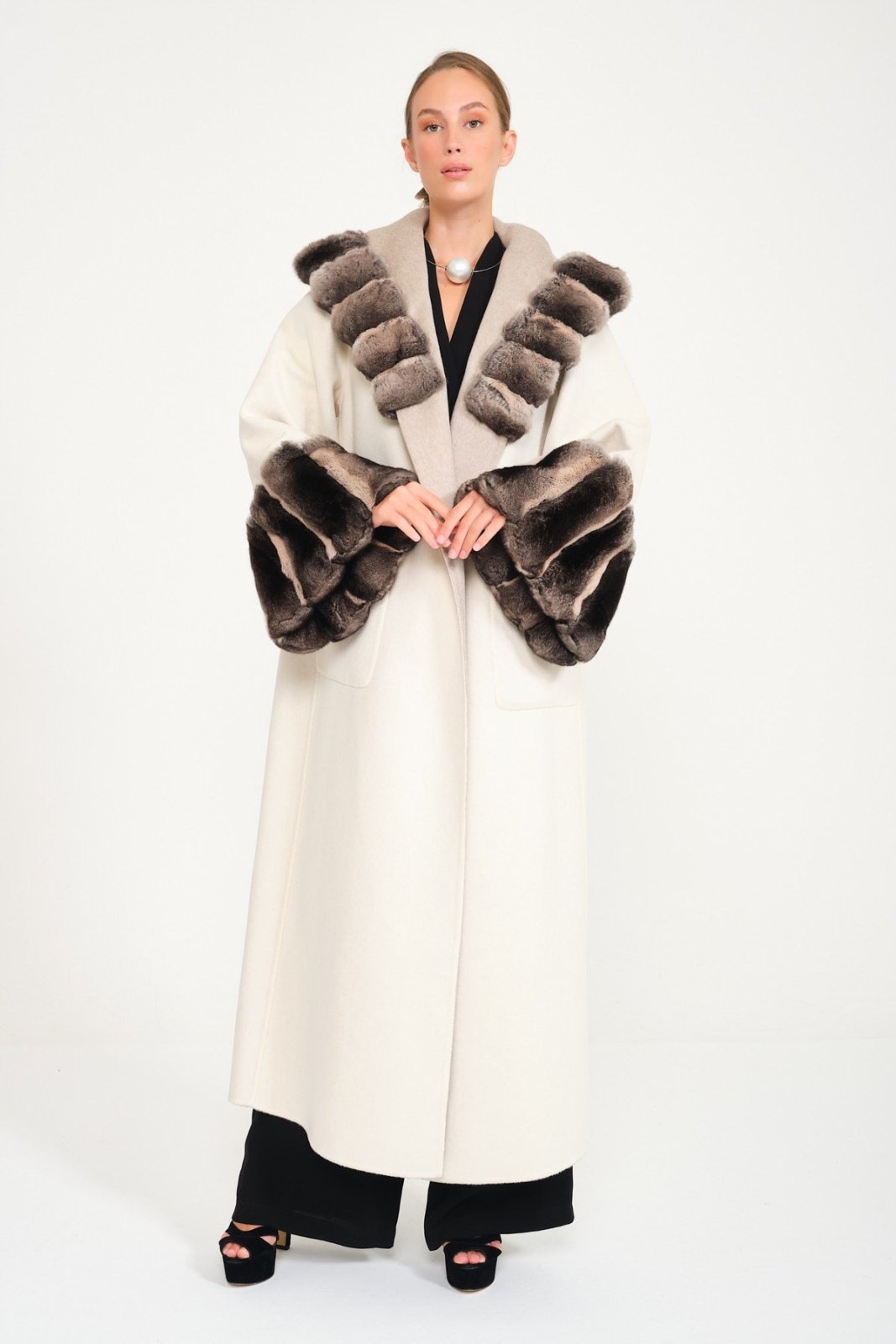 Milk / Casha Double Face Hooded Cashmere Chinchilla Fur Abaya - ADAMO