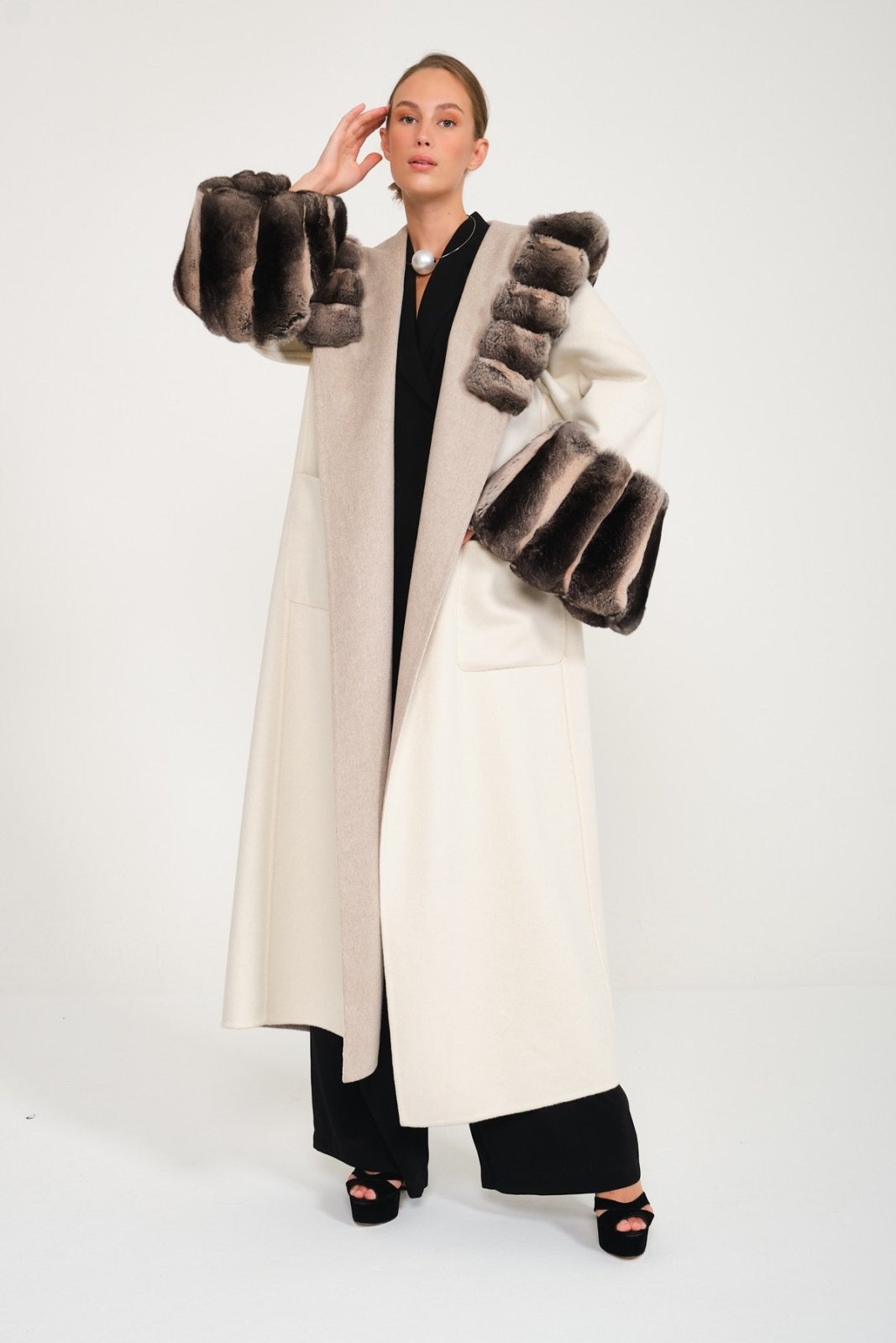 Milk / Casha Double Face Hooded Cashmere Chinchilla Fur Abaya - ADAMO