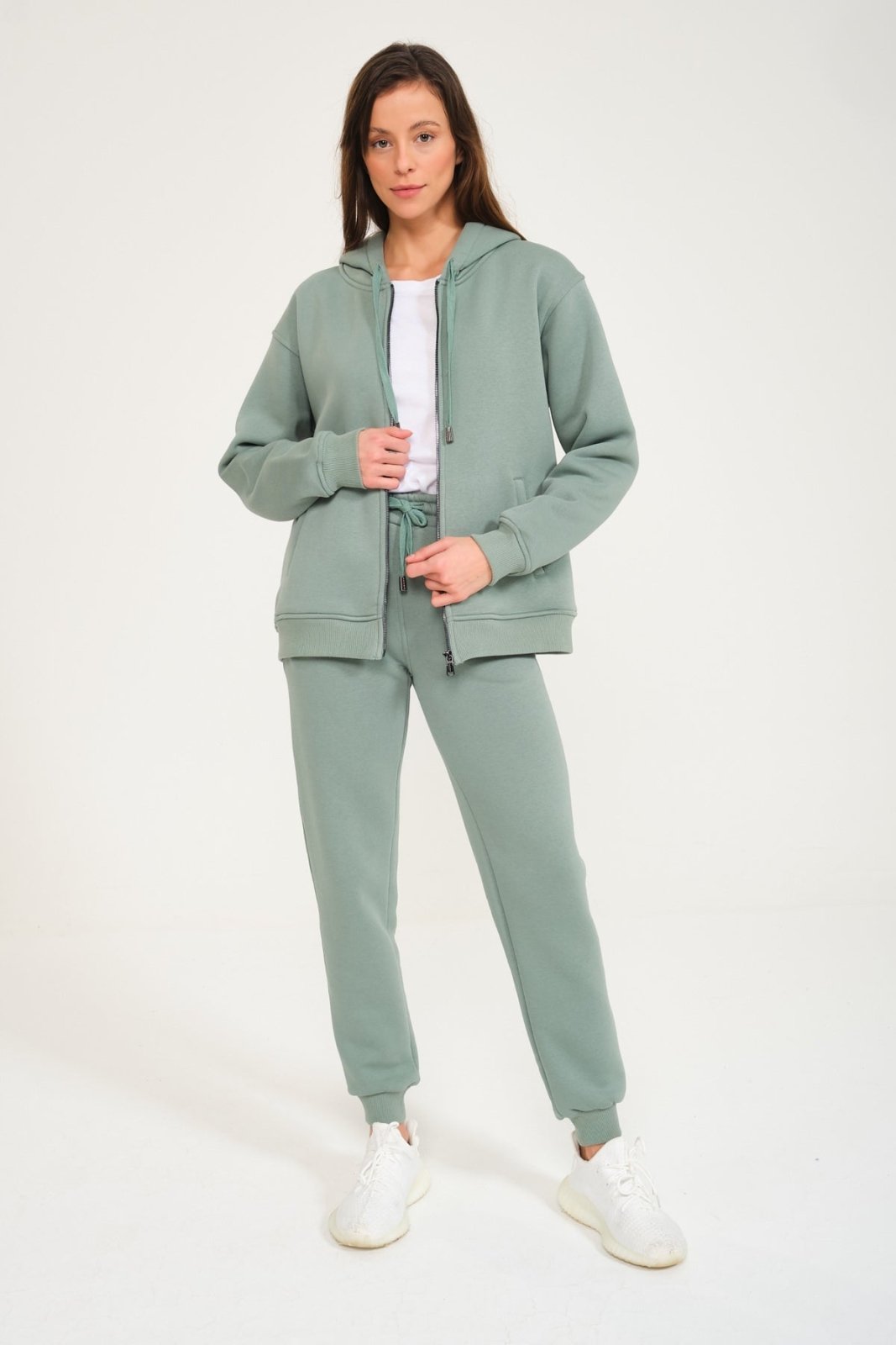 Mint Color Chinchilla Fur Zipped Hoodie & Jogger Set - ADAMO