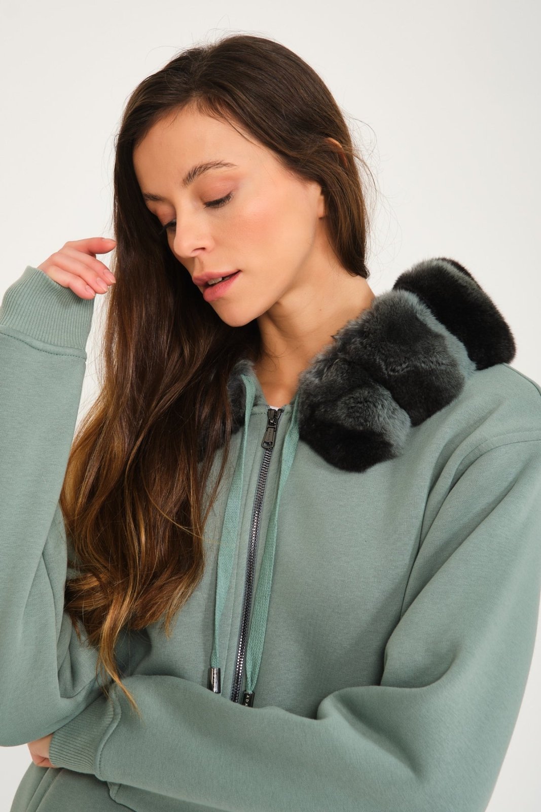 Mint Color Chinchilla Fur Zipped Hoodie & Jogger Set - ADAMO