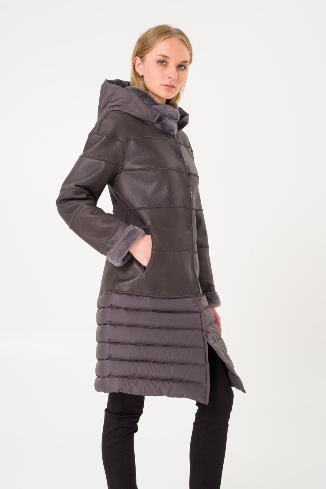 Mouse Color Long Shearling Coat - ADAMO