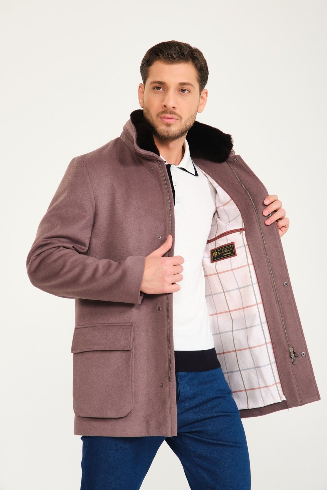 Mouse Color Wool & Rex Fur Coat - ADAMO