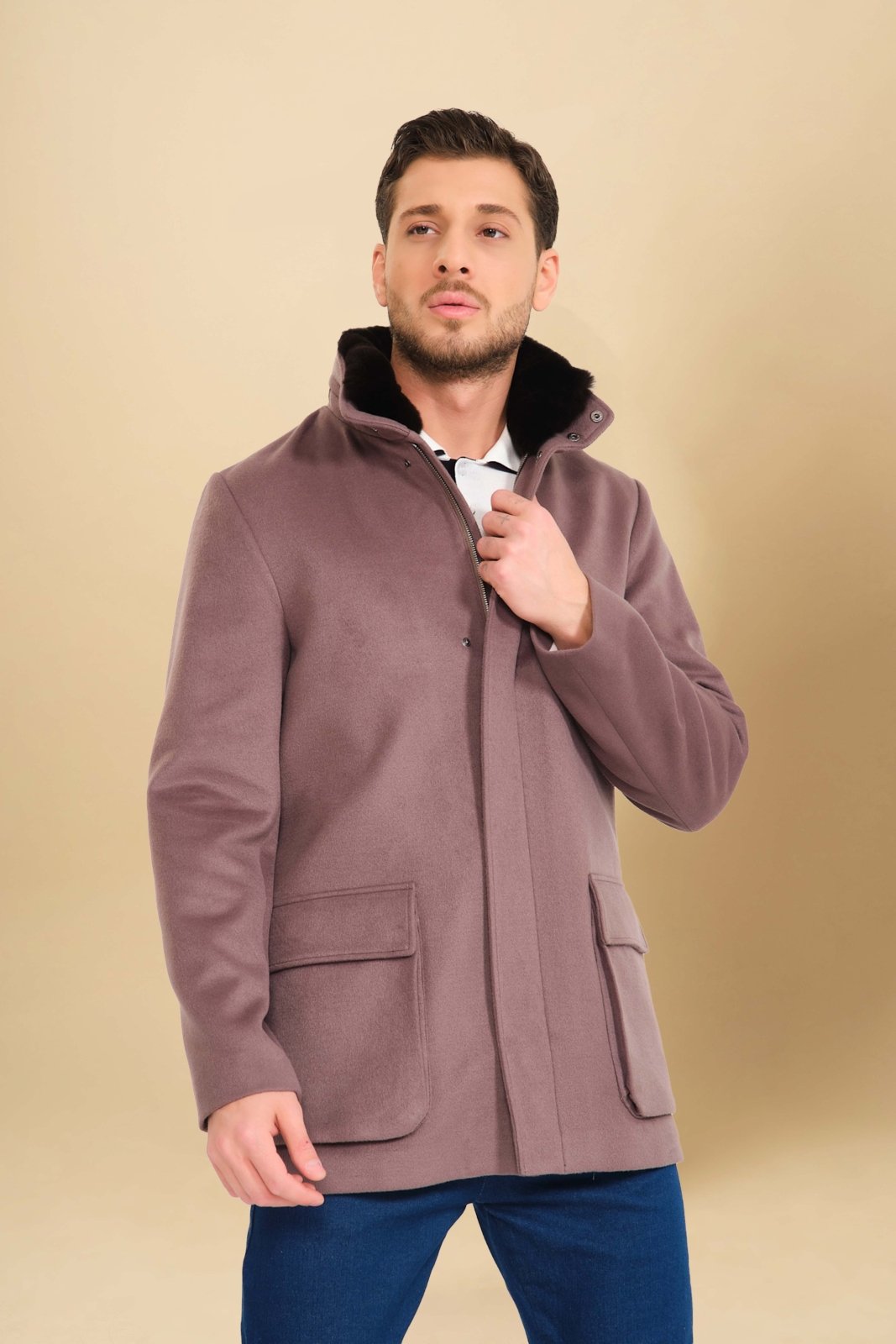 Mouse Color Wool & Rex Fur Coat - ADAMO