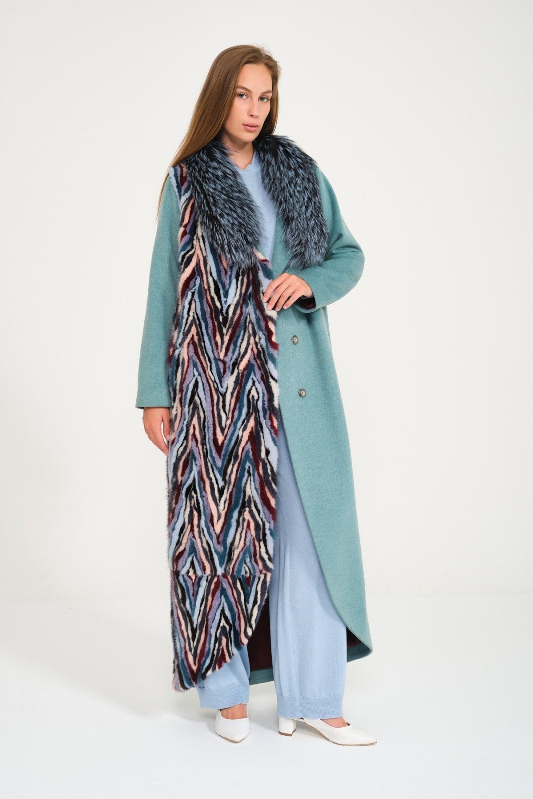 Multicolored Long Fox / Mink Fur Wool Coat - ADAMO