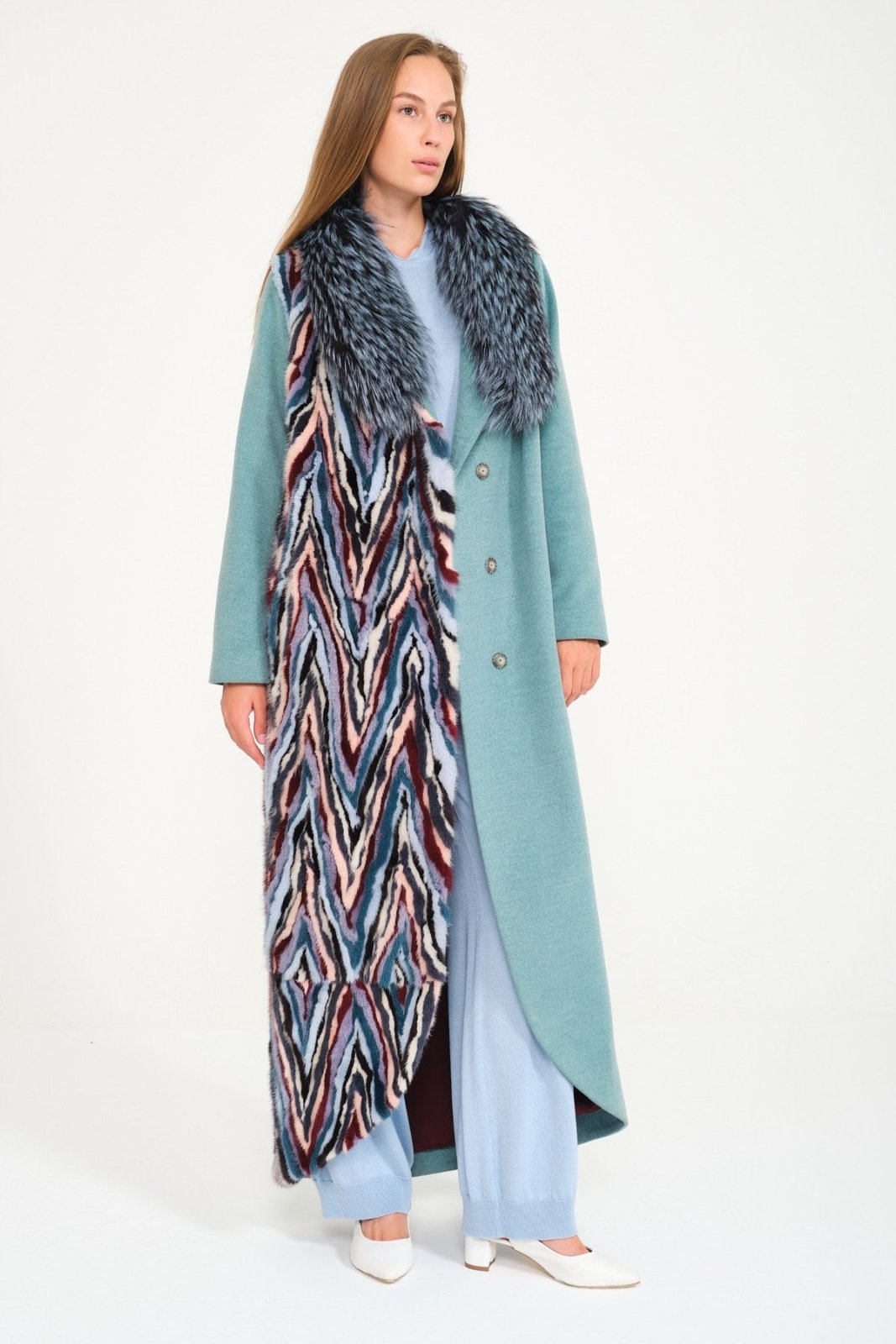 Multicolored Long Fox / Mink Fur Wool Coat - ADAMO