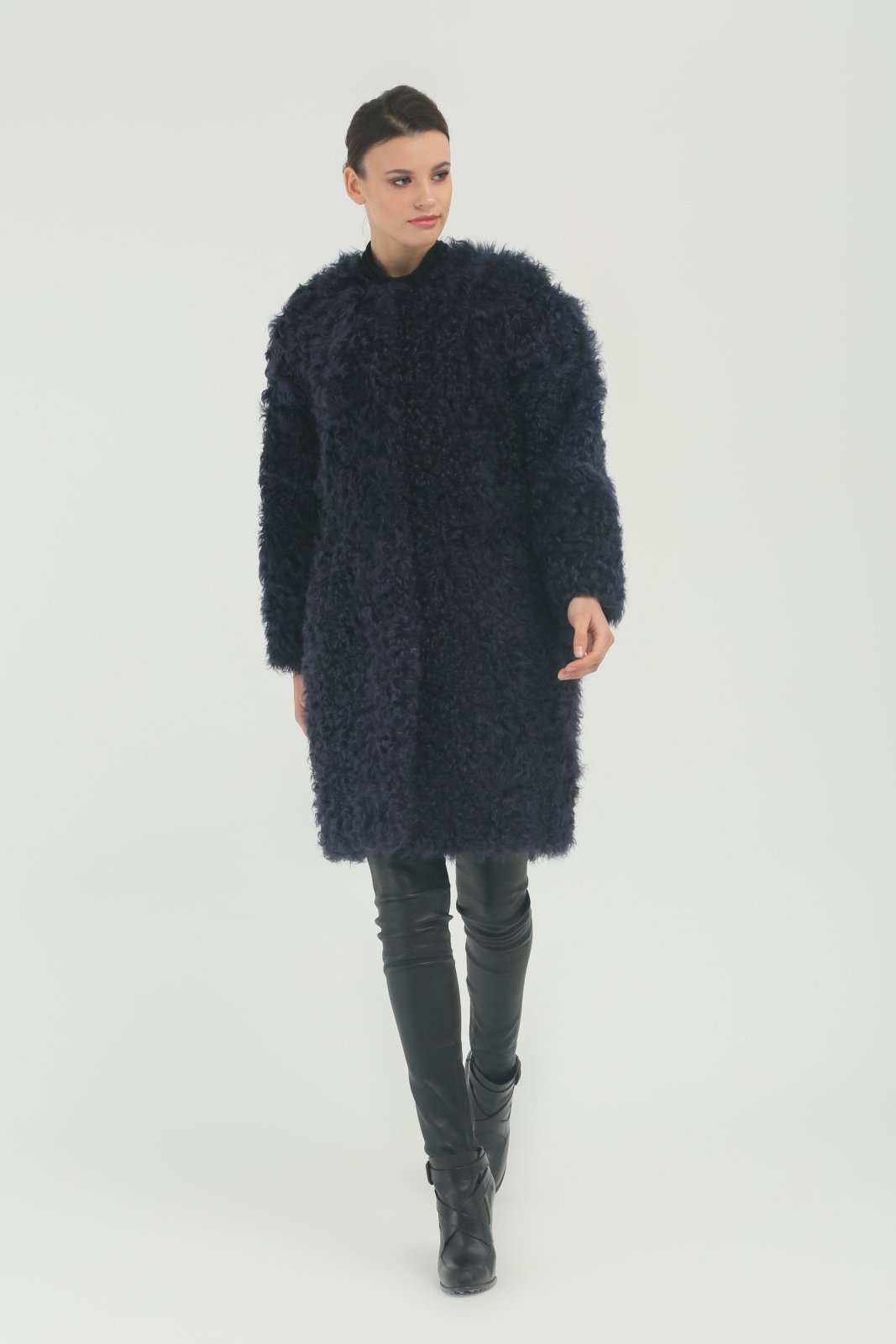 Navy Blue Shearling Coat - ADAMO