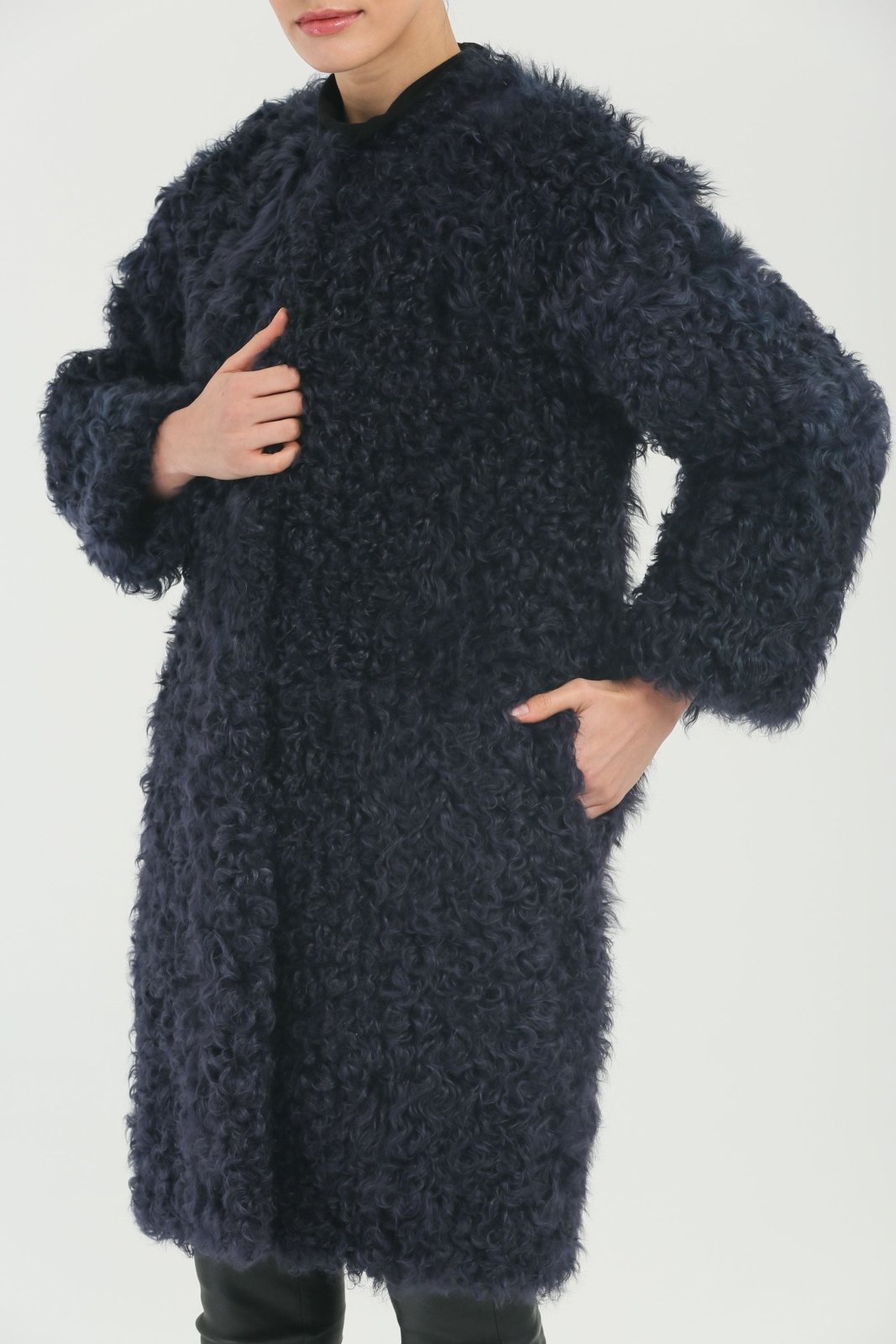 Navy Blue Shearling Coat - ADAMO