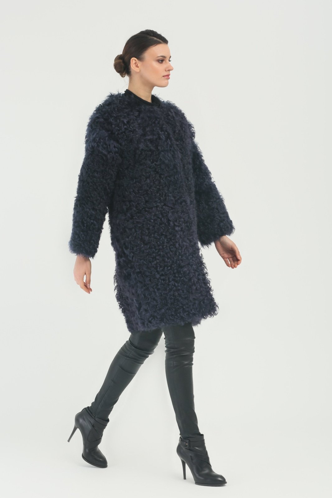 Navy Blue Shearling Coat - ADAMO