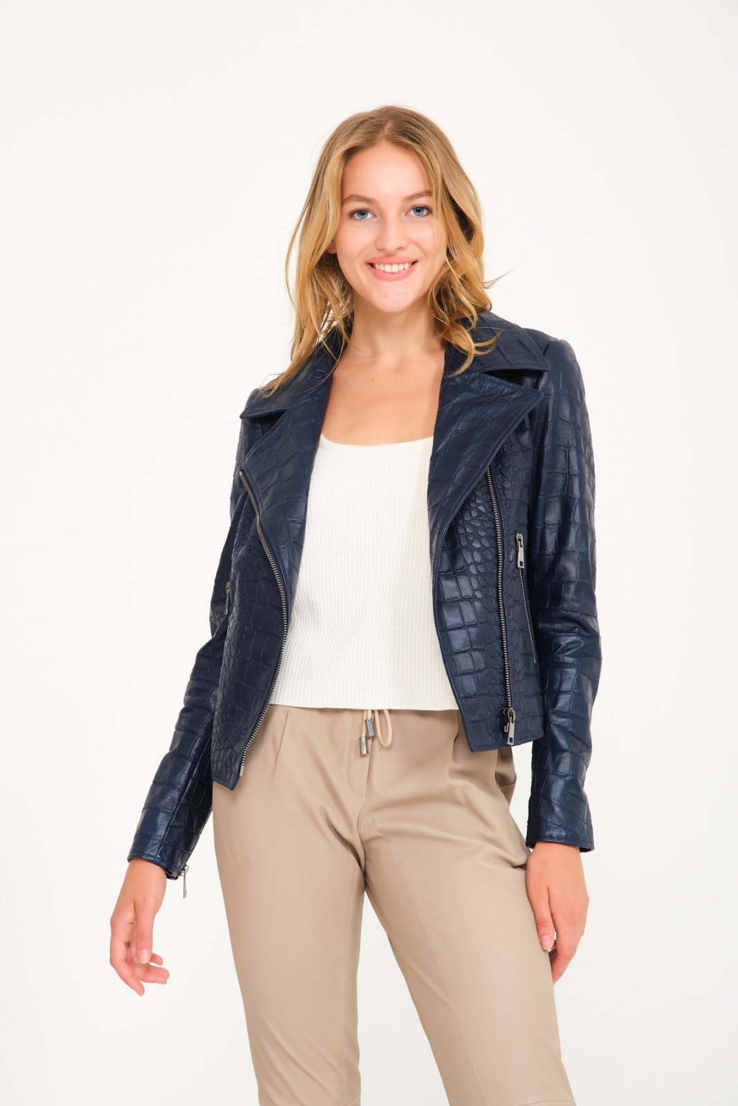 Navy Crocodile Pattern Sable Collar Leather Jacket - ADAMO