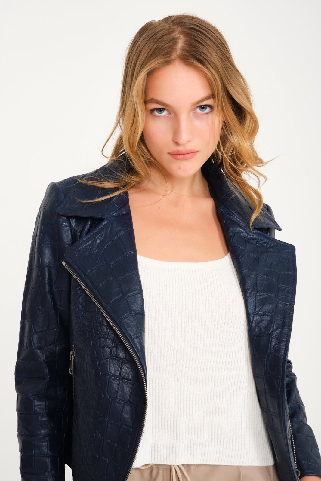 Navy Crocodile Pattern Sable Collar Leather Jacket - ADAMO