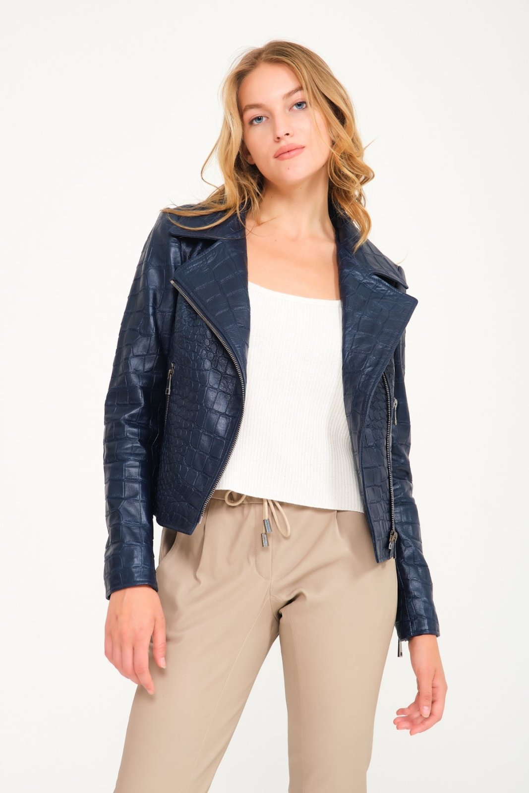 Navy Crocodile Pattern Sable Collar Leather Jacket - ADAMO