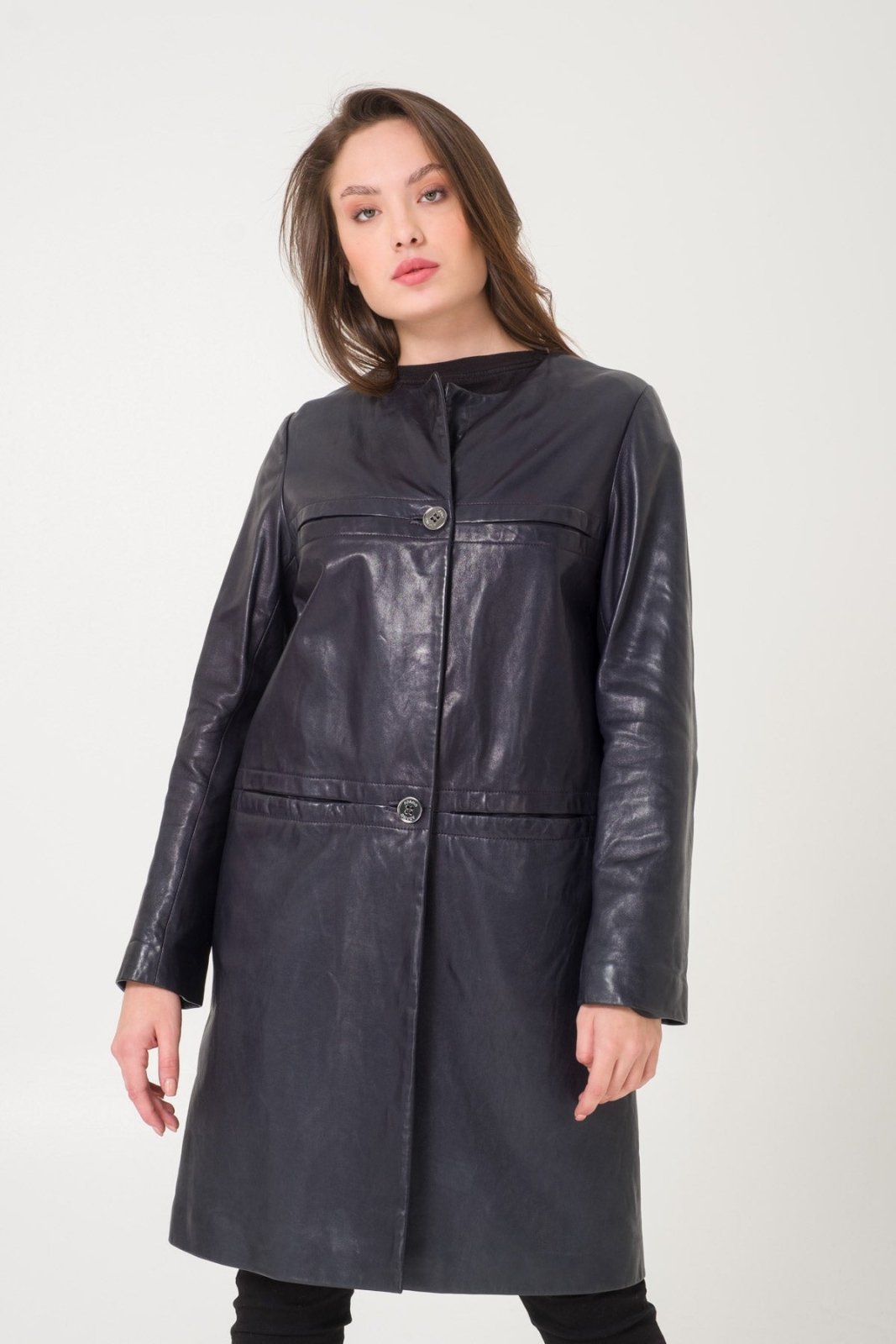 Navy Leather Coat - ADAMO