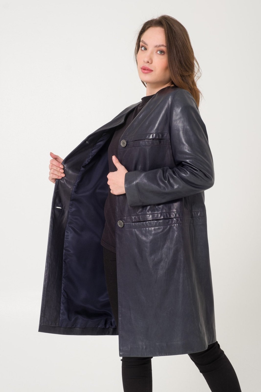 Navy Leather Coat - ADAMO