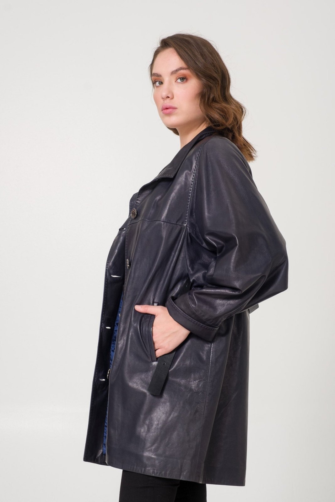 Navy Leather Coat - ADAMO