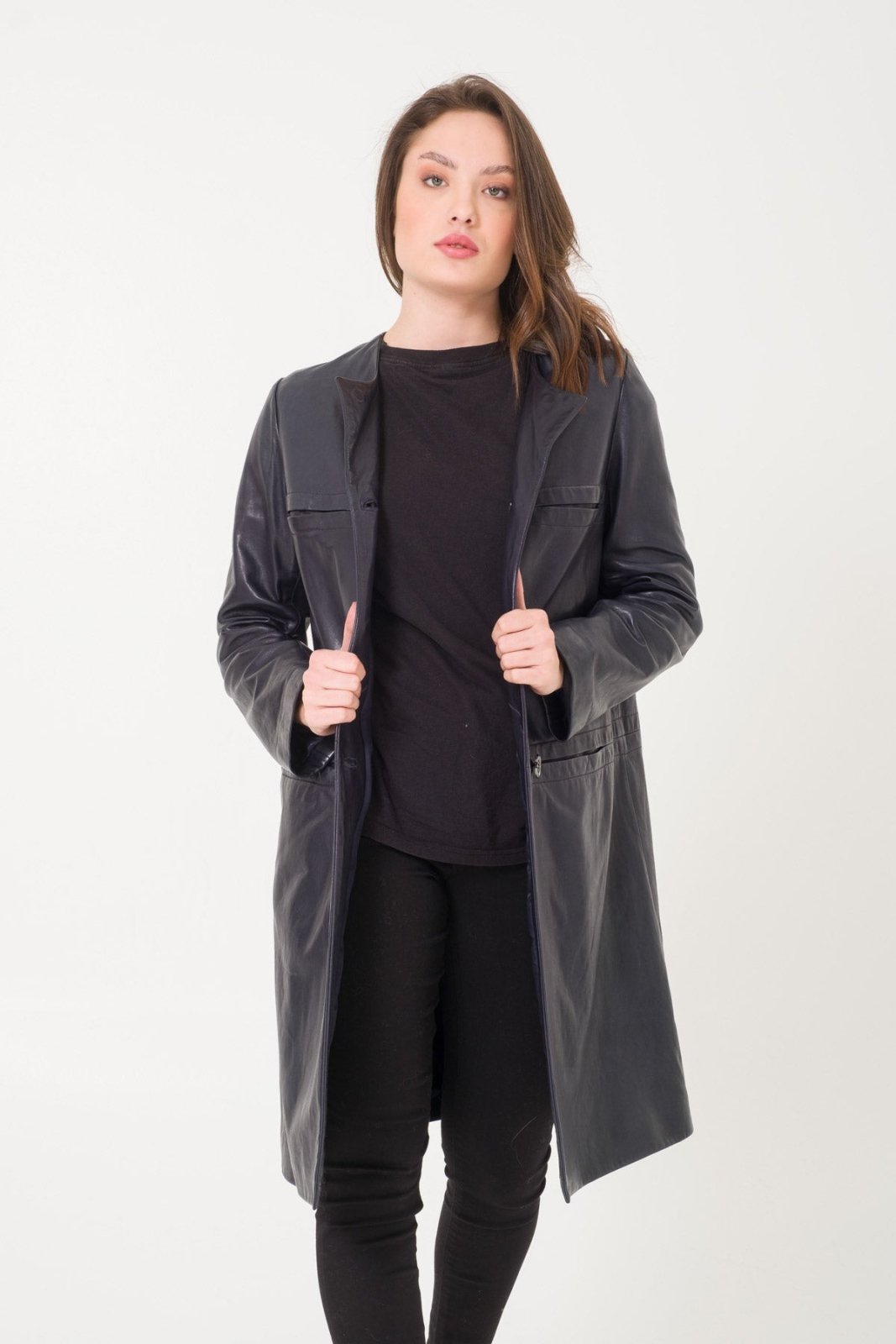 Navy Leather Coat - ADAMO