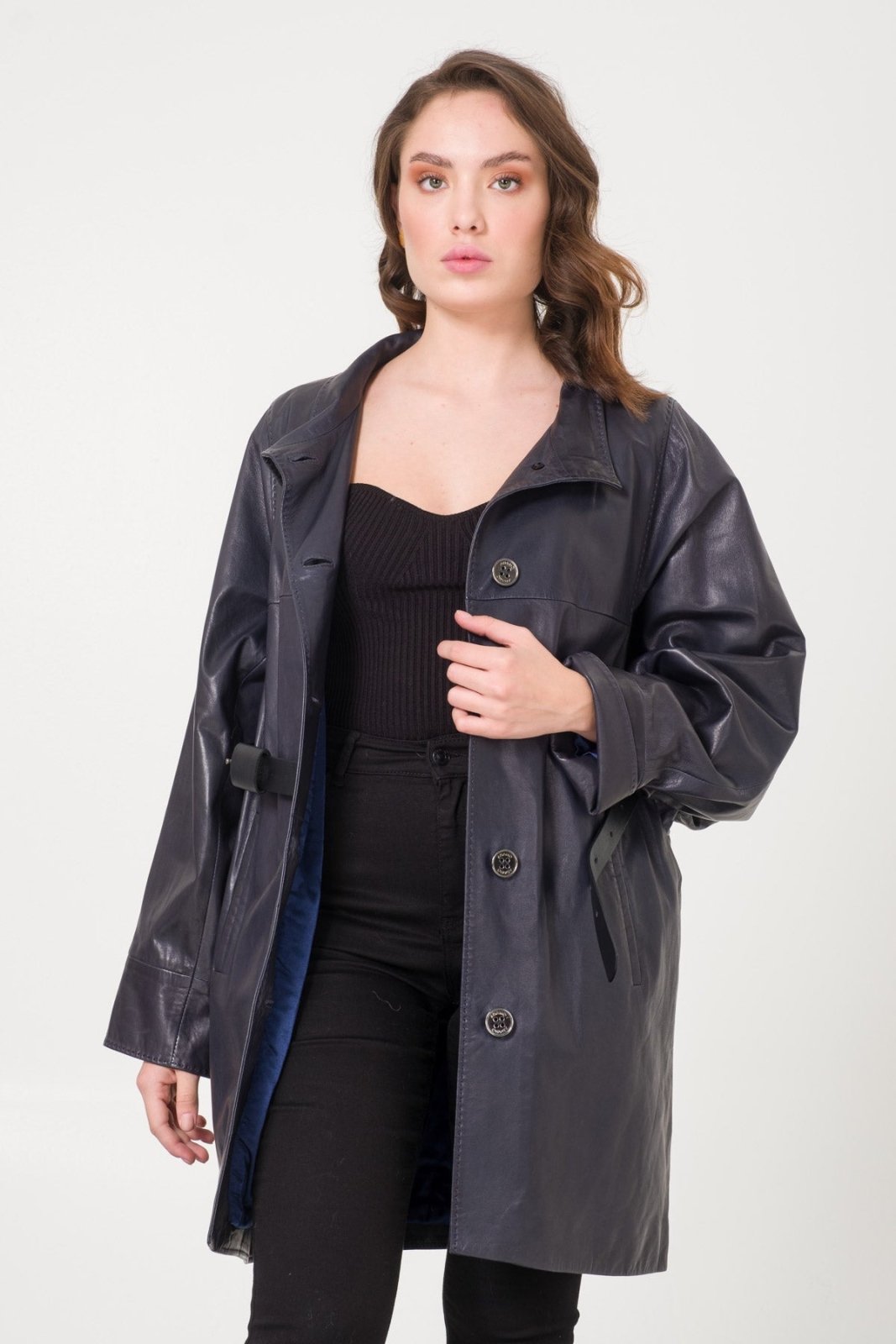 Navy Leather Coat - ADAMO