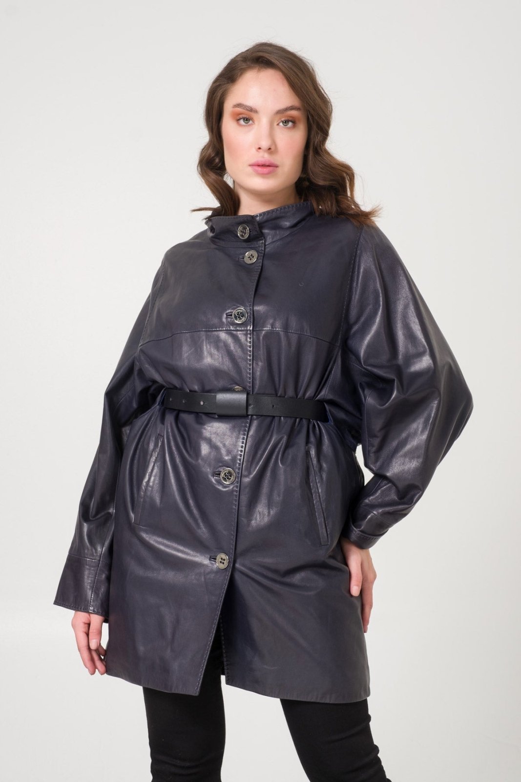 Navy Leather Coat - ADAMO