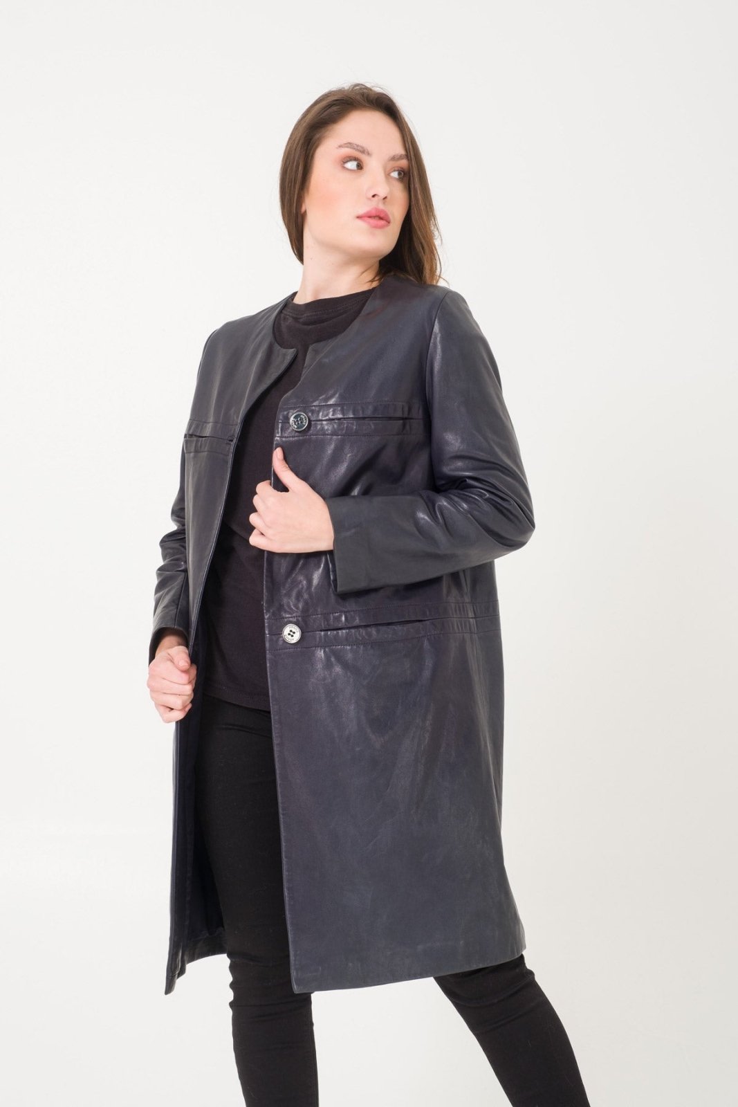 Navy Leather Coat - ADAMO