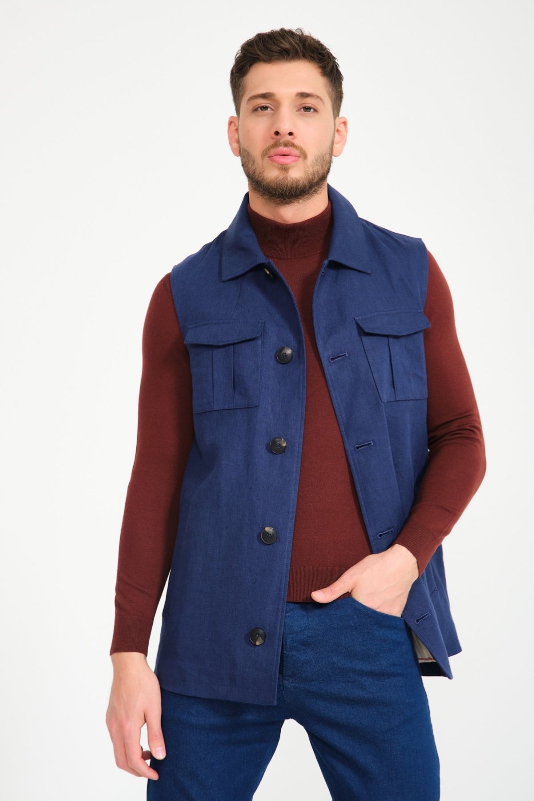 Navy Linen Vest - ADAMO