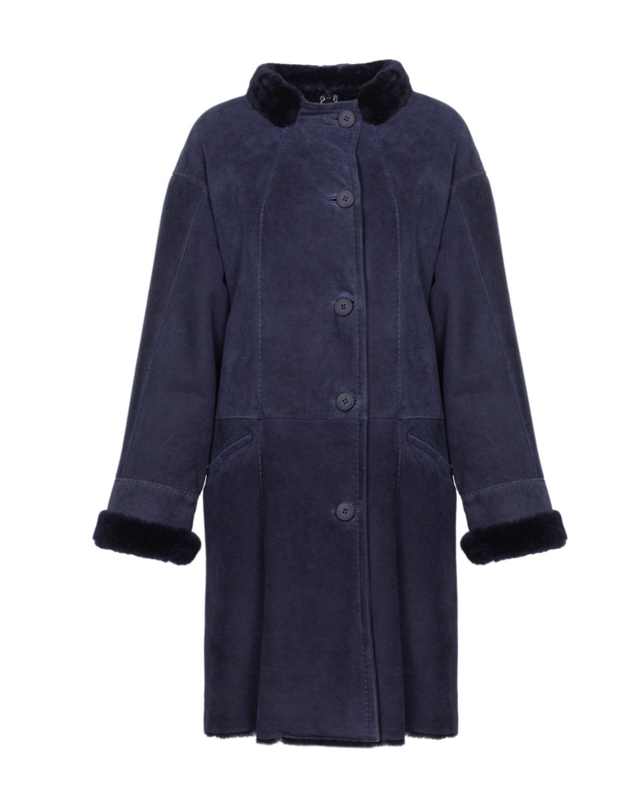 Navy Long Leather Coat - ADAMO