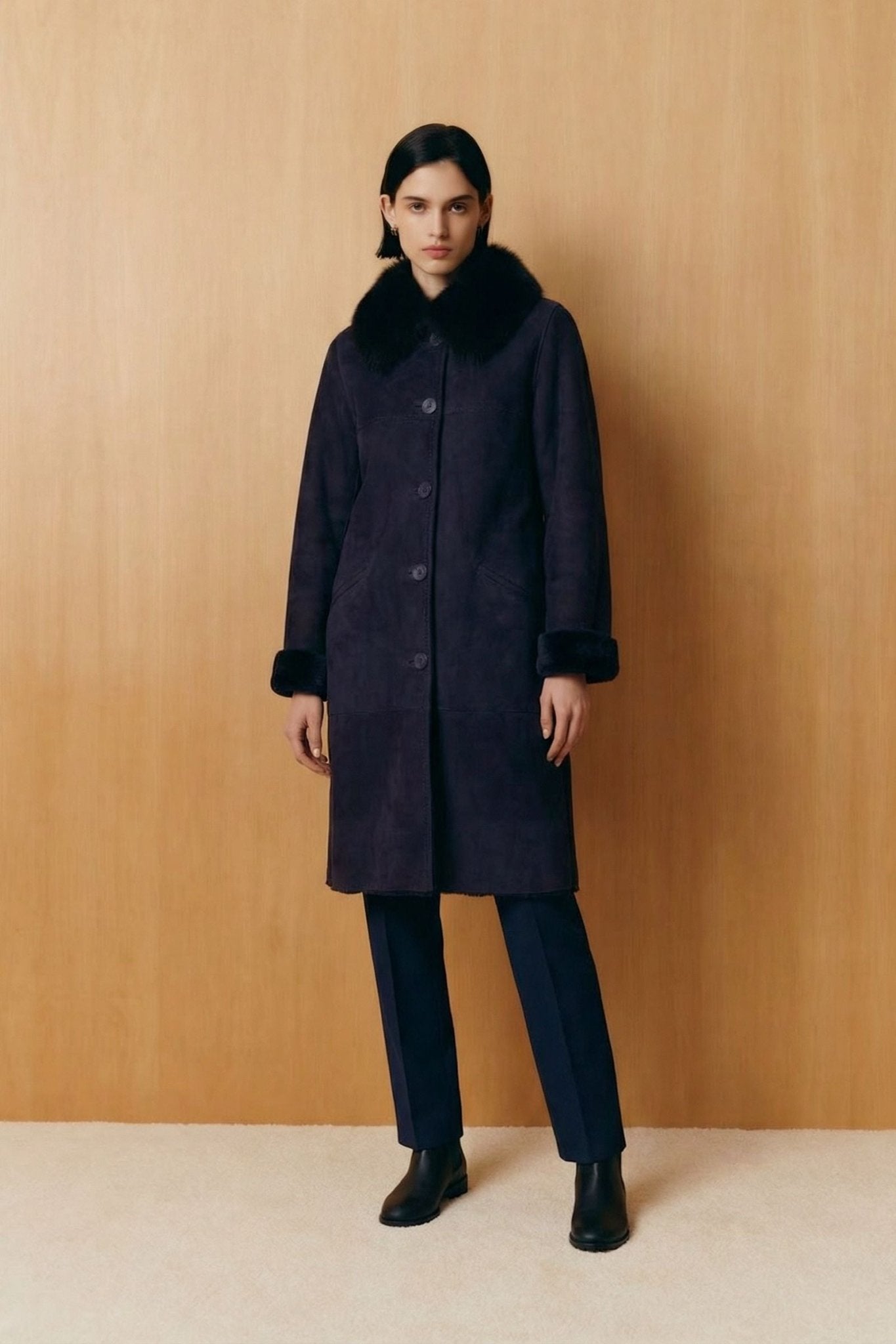 Navy Long Shearling Coat - ADAMO