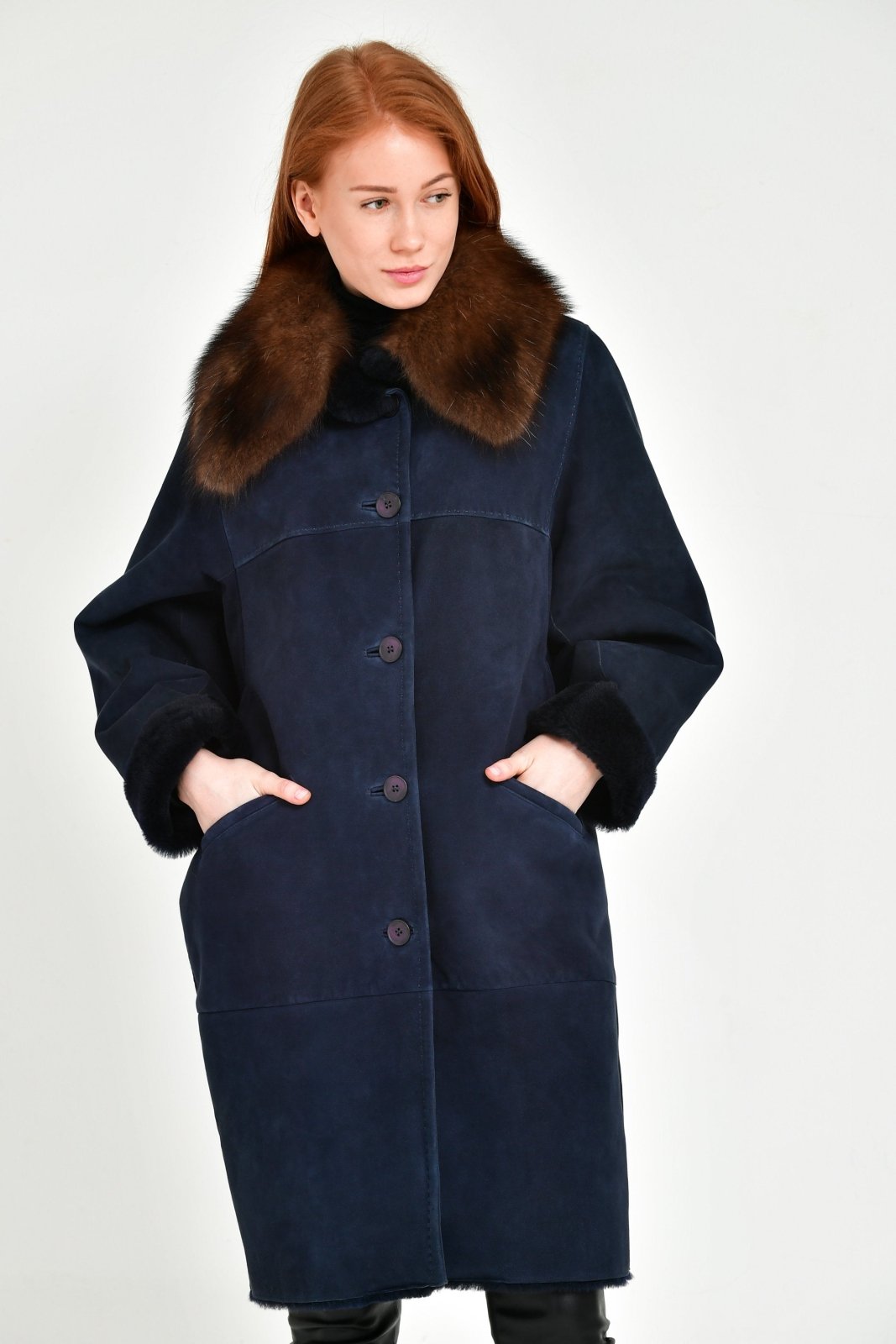 Navy Long Shearling Coat - ADAMO