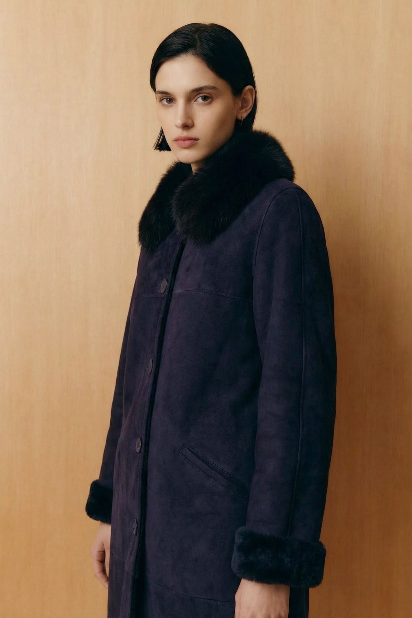 Navy Long Shearling Coat - ADAMO