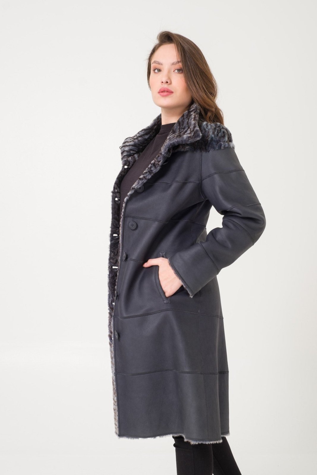 Navy Shearling Coat - ADAMO