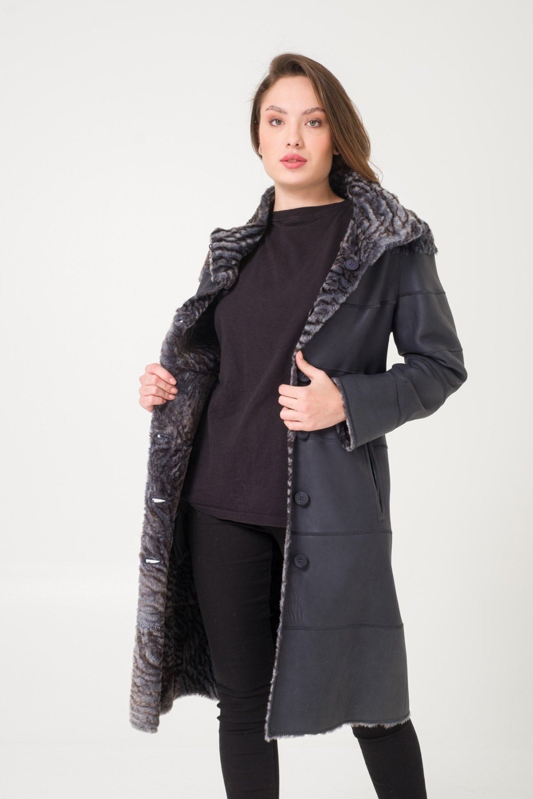 Navy Shearling Coat - ADAMO