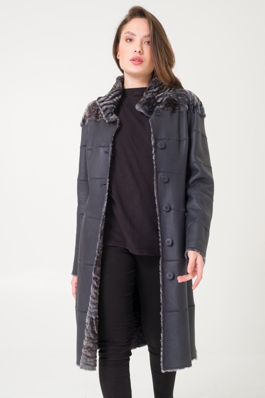 Navy Shearling Coat - ADAMO