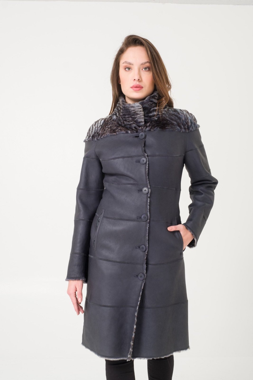 Navy Shearling Coat - ADAMO