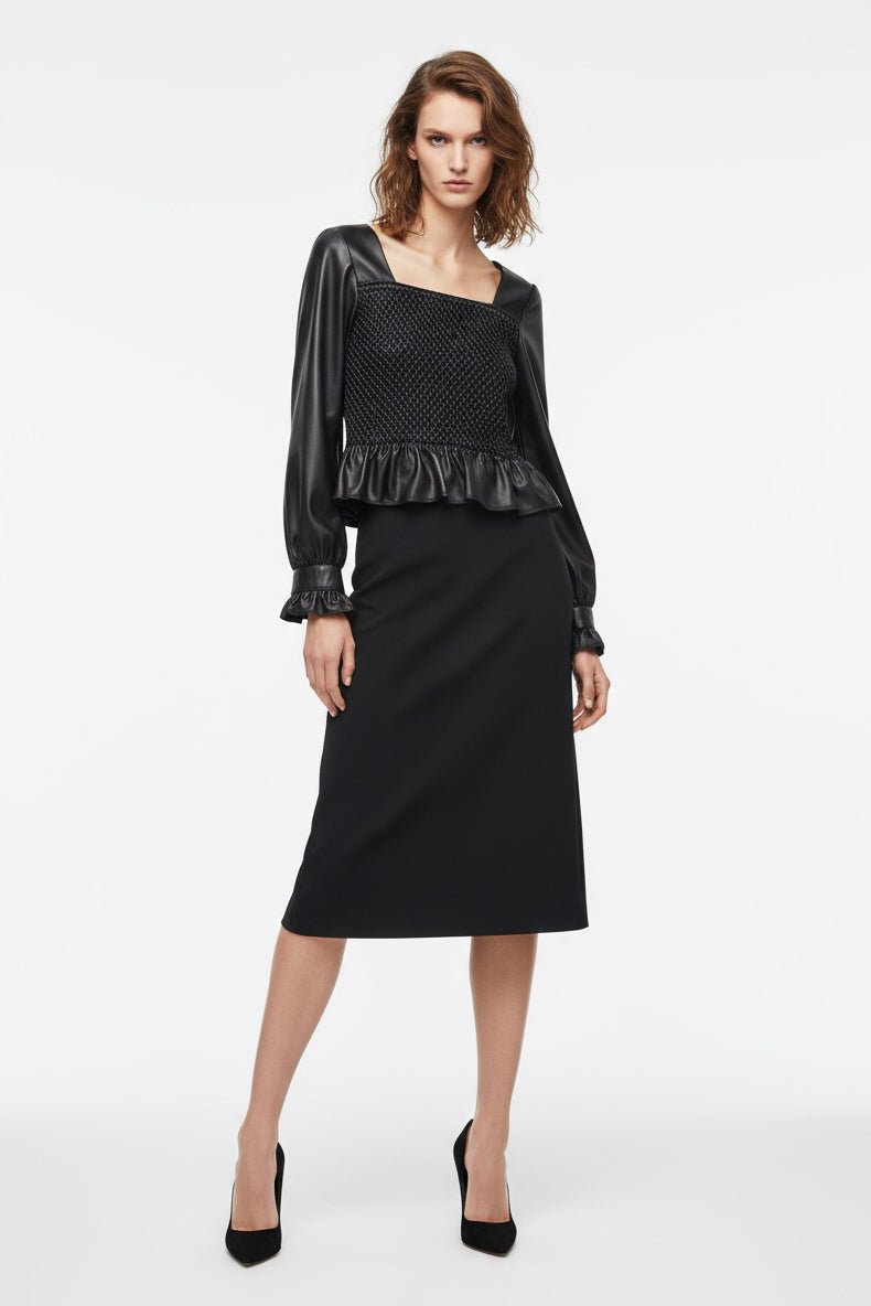Noir Smocked Leather Blouse - ADAMO