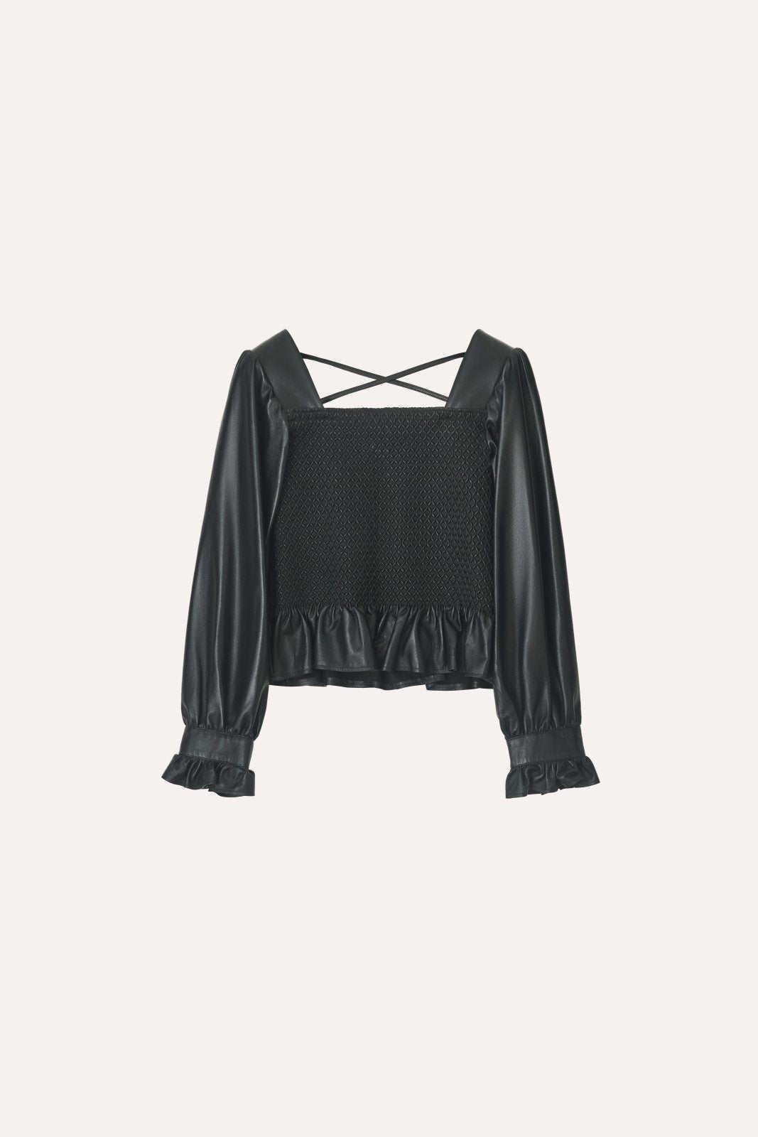 Noir Smocked Leather Blouse - ADAMO