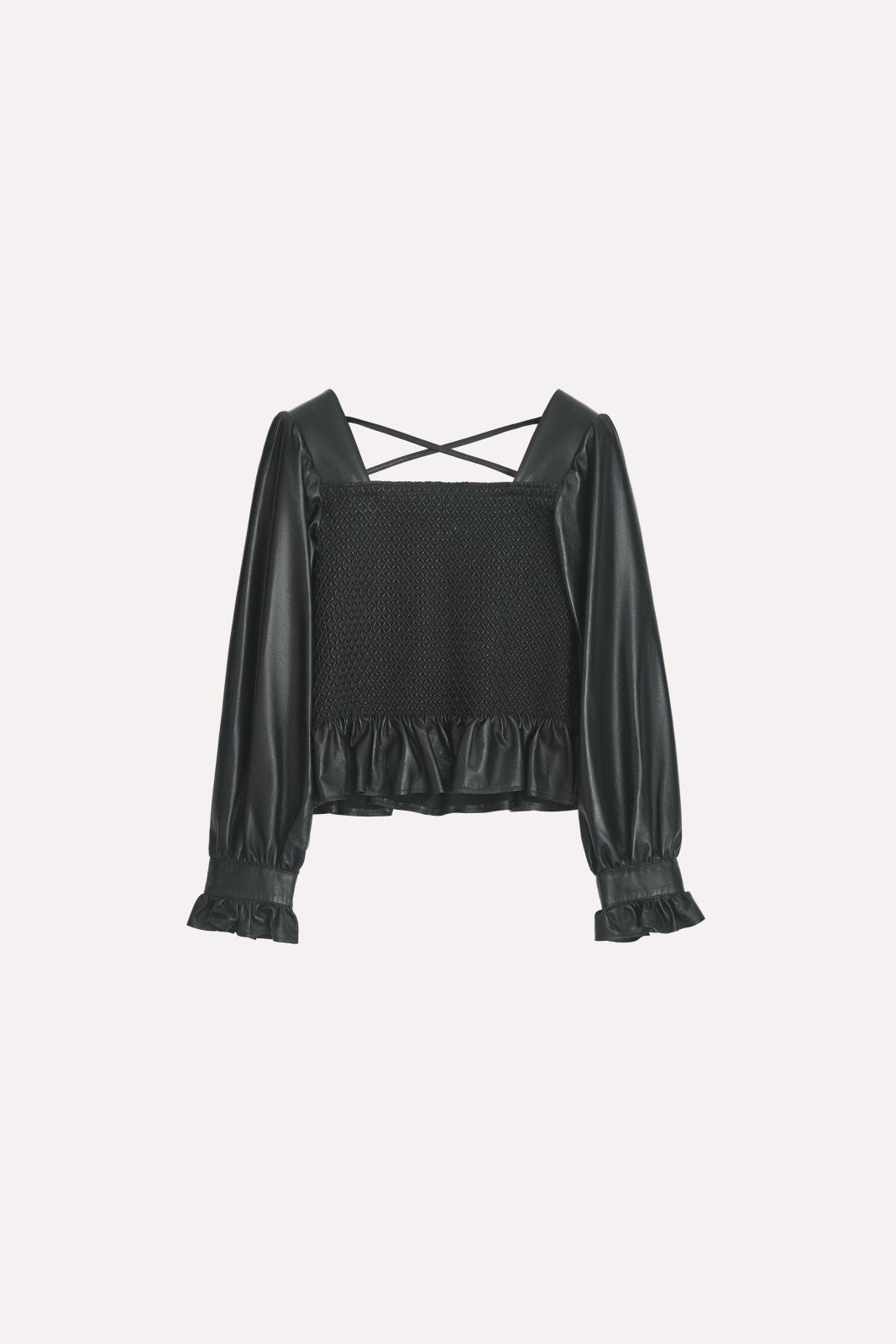 Noir Smocked Leather Blouse - ADAMO