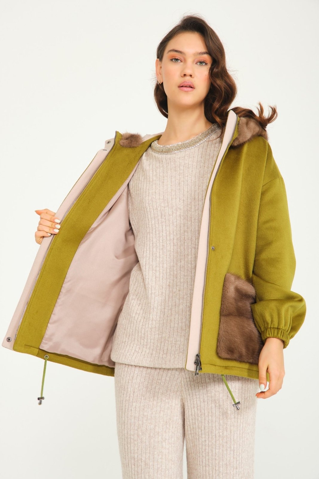 Oil Green Wool & Mink Fur Coat - ADAMO