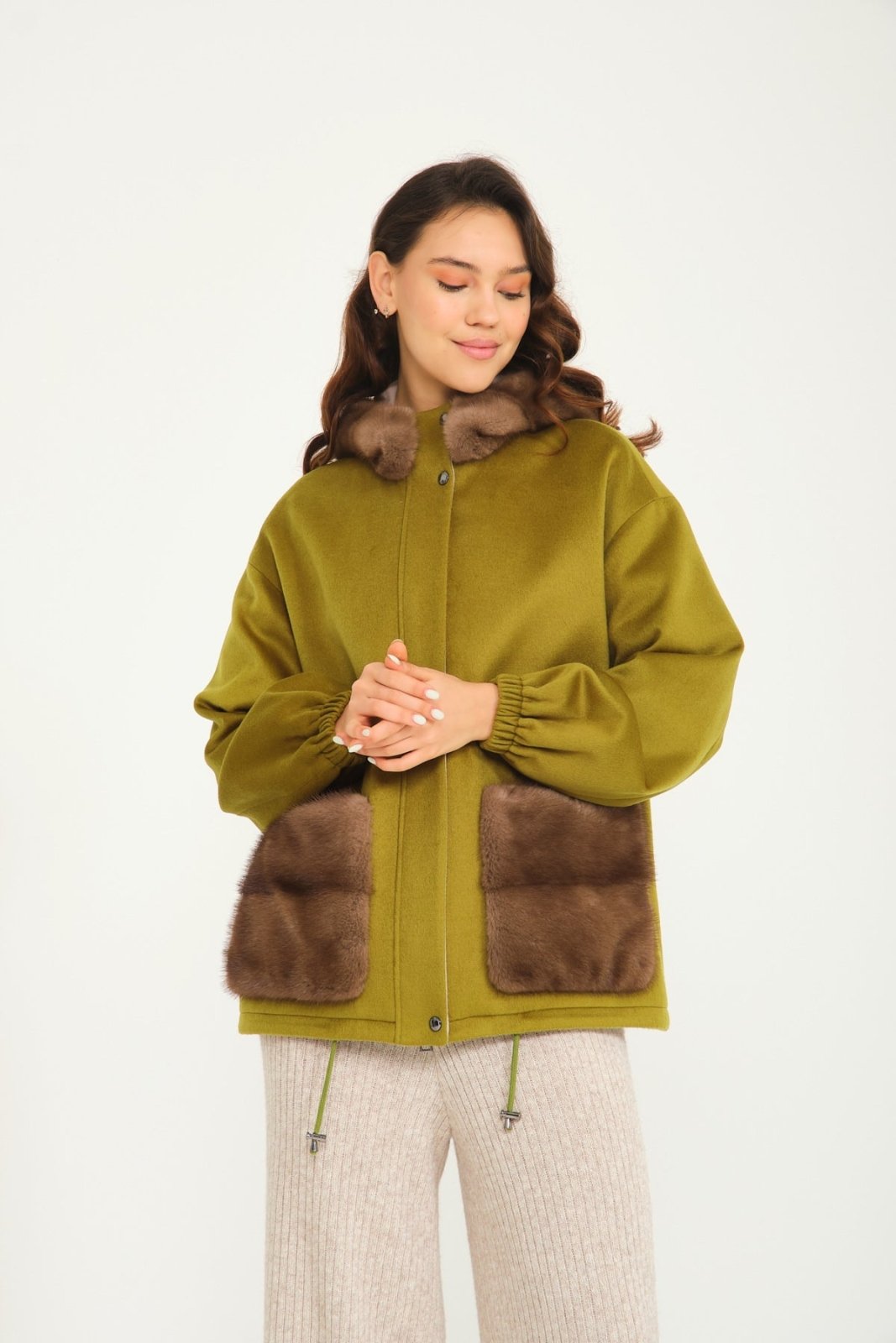 Oil Green Wool & Mink Fur Coat - ADAMO