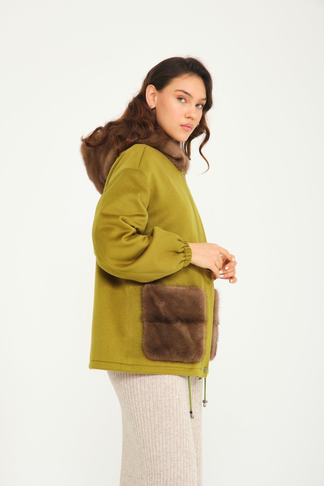 Oil Green Wool & Mink Fur Coat - ADAMO