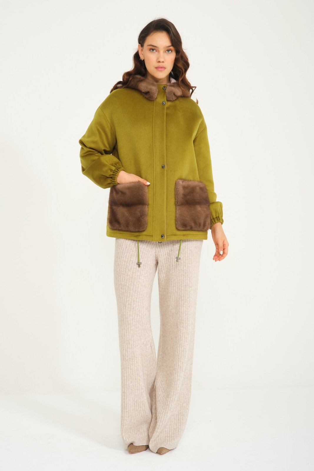 Oil Green Wool & Mink Fur Coat - ADAMO