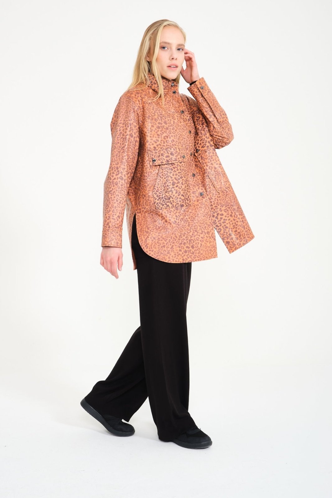 Orange Leopard Pattern Leather Coat - ADAMO