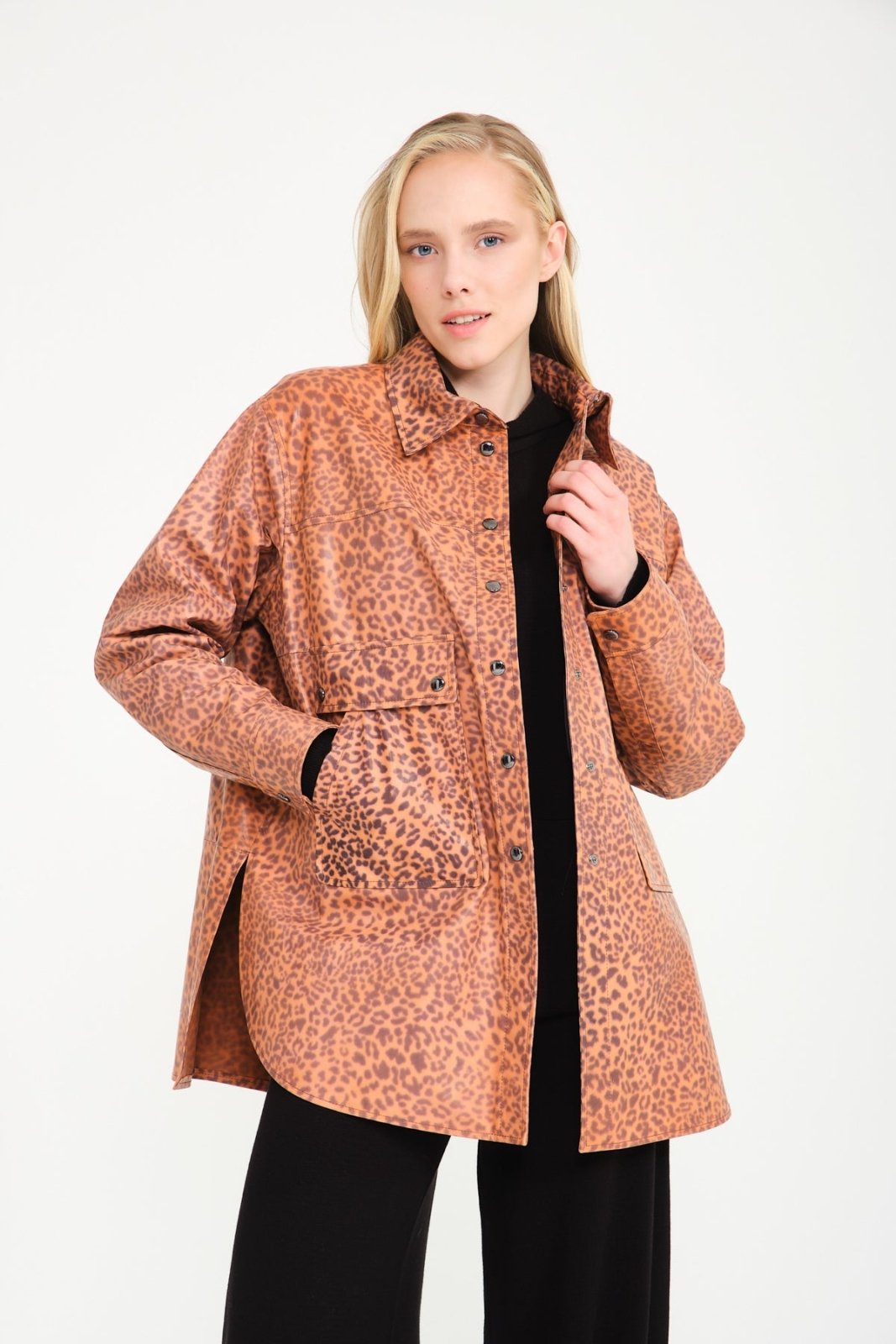 Orange Leopard Pattern Leather Coat - ADAMO