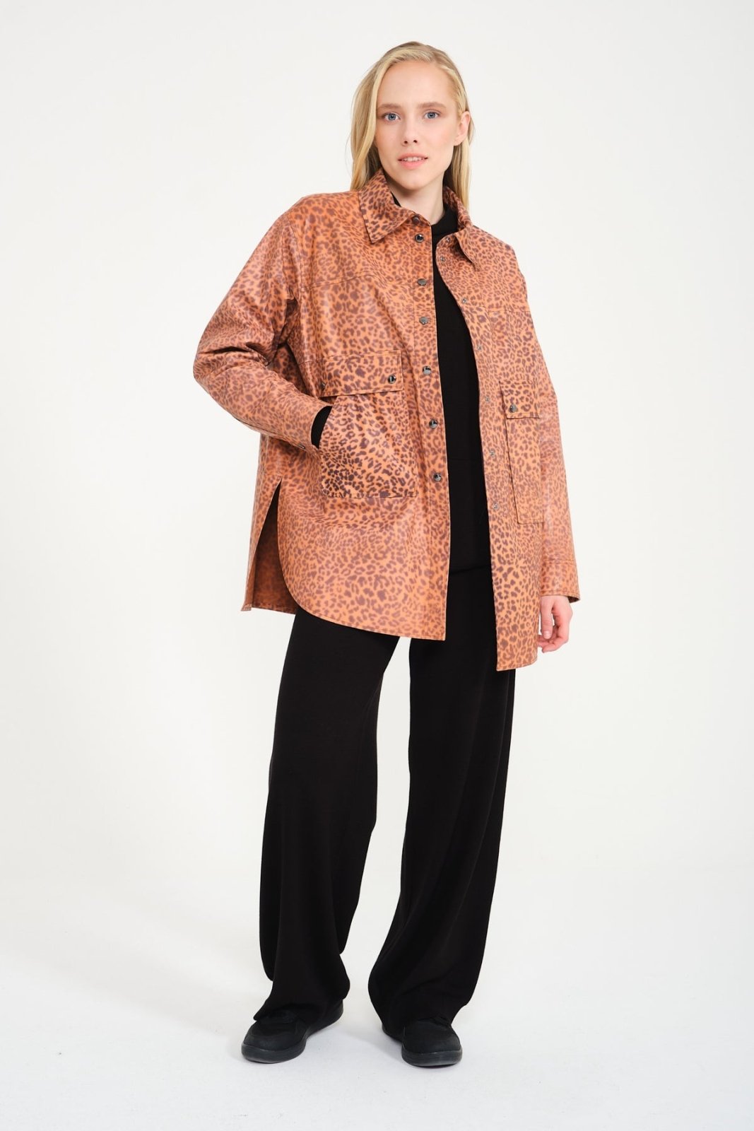 Orange Leopard Pattern Leather Coat - ADAMO