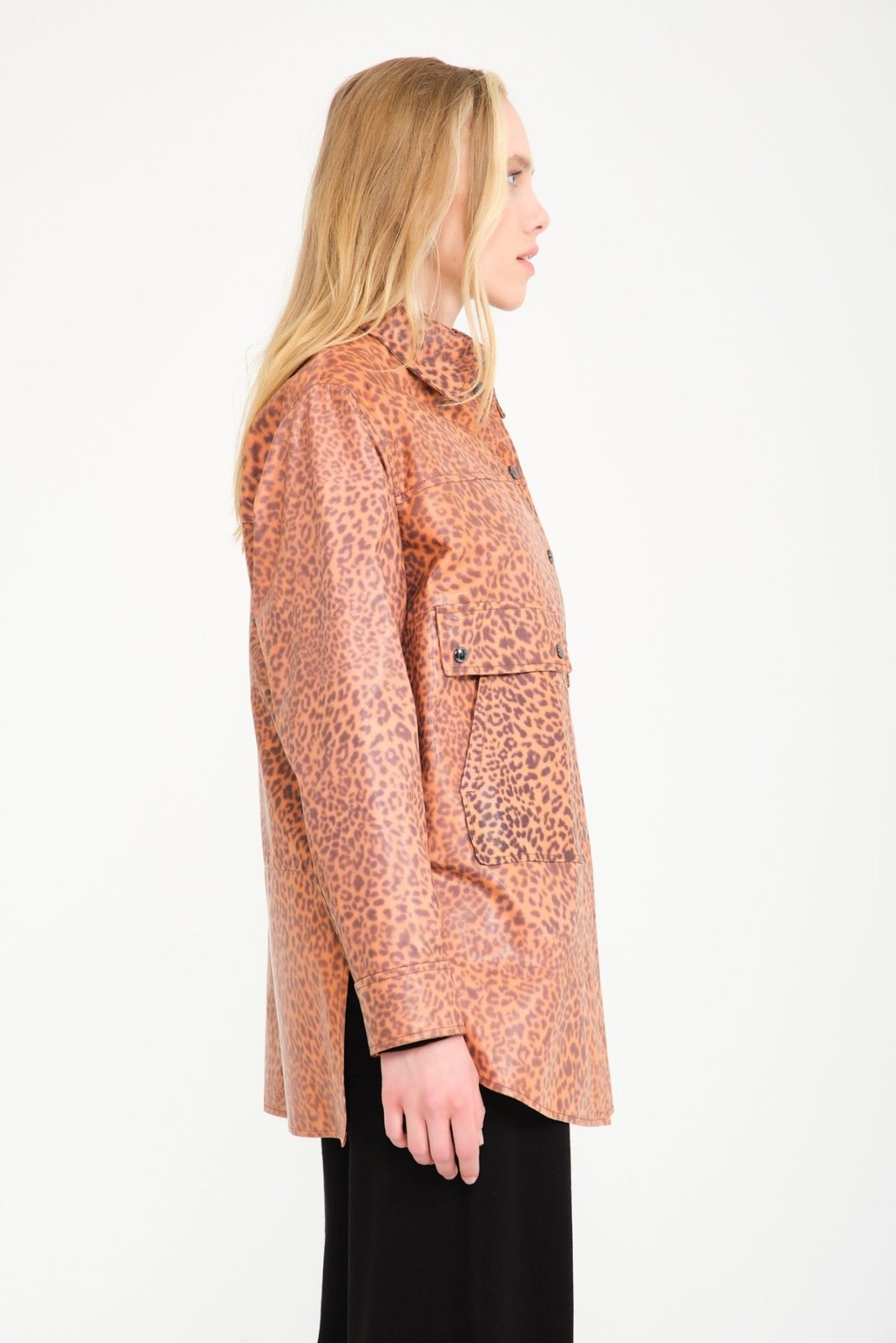 Orange Leopard Pattern Leather Coat - ADAMO